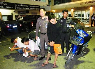Pichet “Turn” Mukdadilok, Jittiwat “Taey” Ruenarom, and Sanya Peungpo are taken into custody for motorcycle theft and drugs possession.